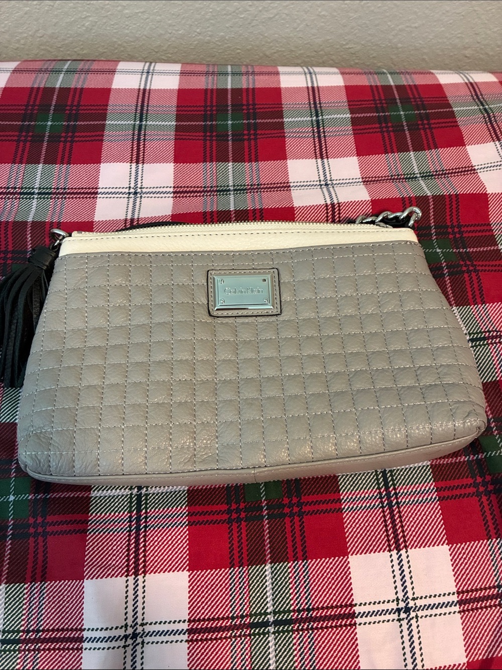 Calvin Klein Quilted Gray and Cream Wristlet with Black Tassel